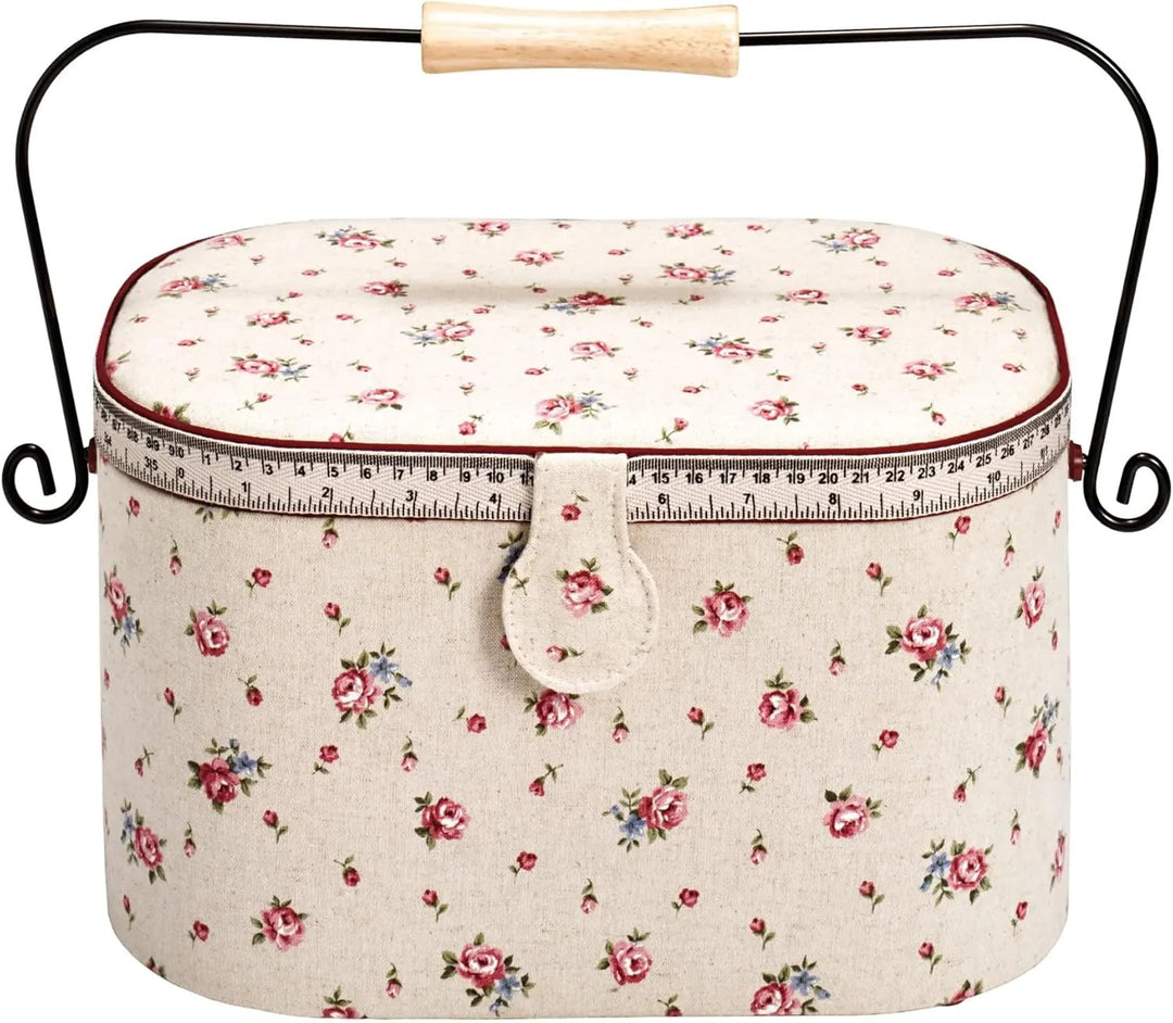 Prym Nähkorb Country Rose mit Griff, Leinen/Metall/Holz, elfenbeinfarben, L, 30 x 20,5 x 19 cm