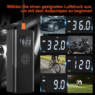 Elektrische Luftpumpe 150PSI Akku Luftpumpe mit 6000mAh Akku Tragbar Fahrradpumpe mit Digitale Anzei