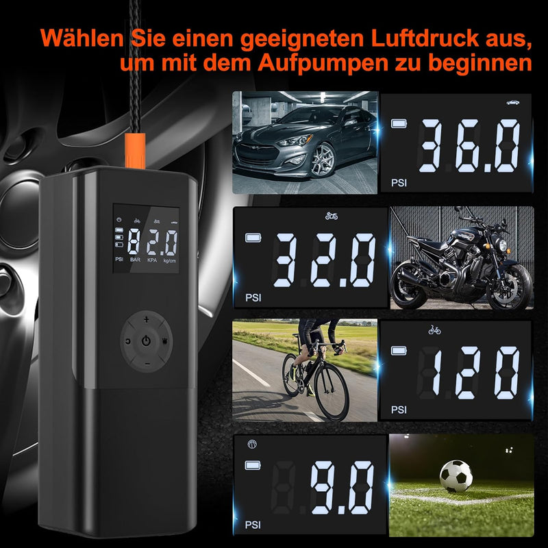 Elektrische Luftpumpe 150PSI Akku Luftpumpe mit 6000mAh Akku Tragbar Fahrradpumpe mit Digitale Anzei