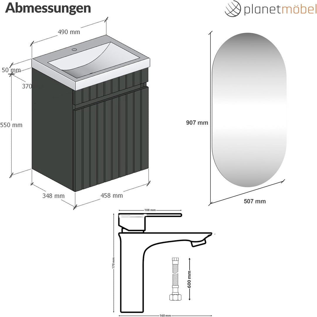 Planetmöbel Cosmia Badmöbel Set Waschtisch mit Unterschrank 50 x 60 x 35 cm Anthrazit, Spiegel mit B