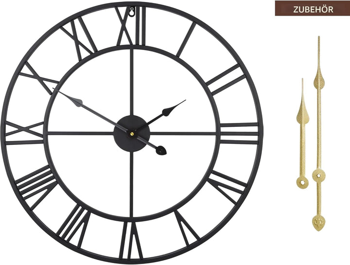 HAITANG Grosse Wanduhr im Vintage-Stil, schwarz Wanduhr rund, Metall Geräuschlos Nicht Tickend, Batt