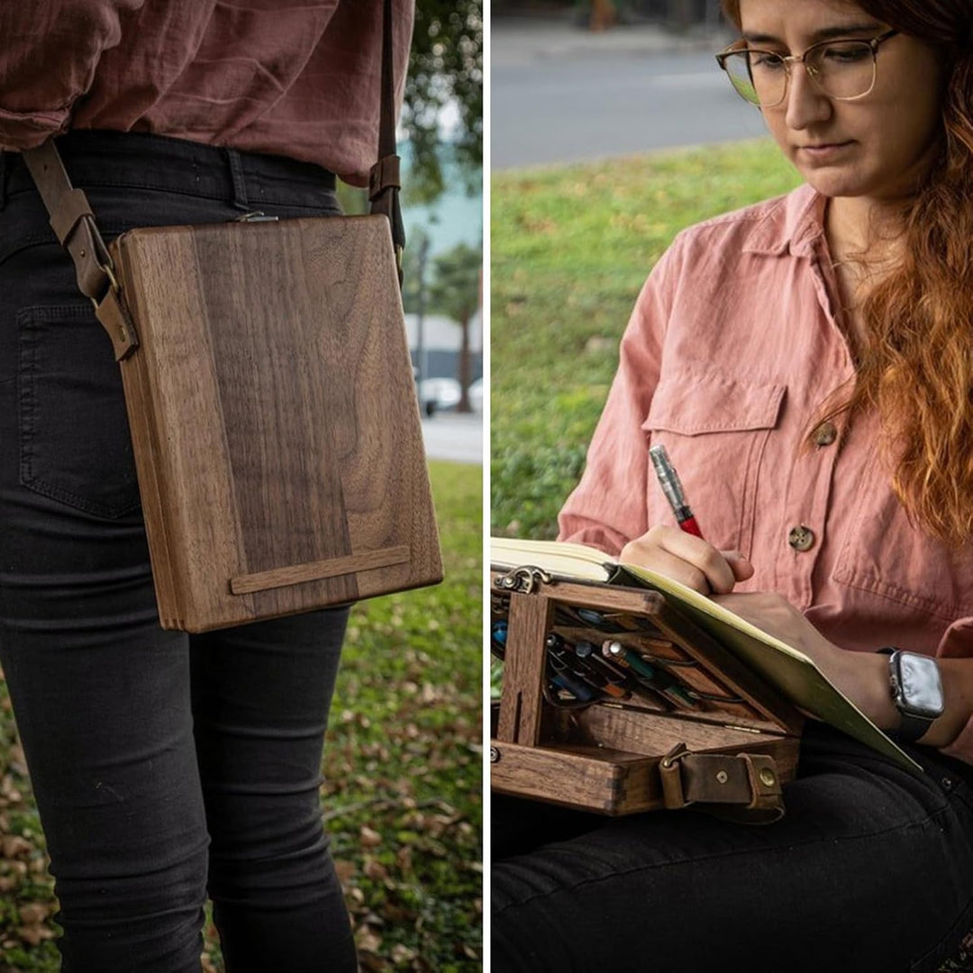 Writers Messenger Wood Box, A5 Artist Tool and Brush Storage Box, Walnut Wooden Shoulder Bag, Multip