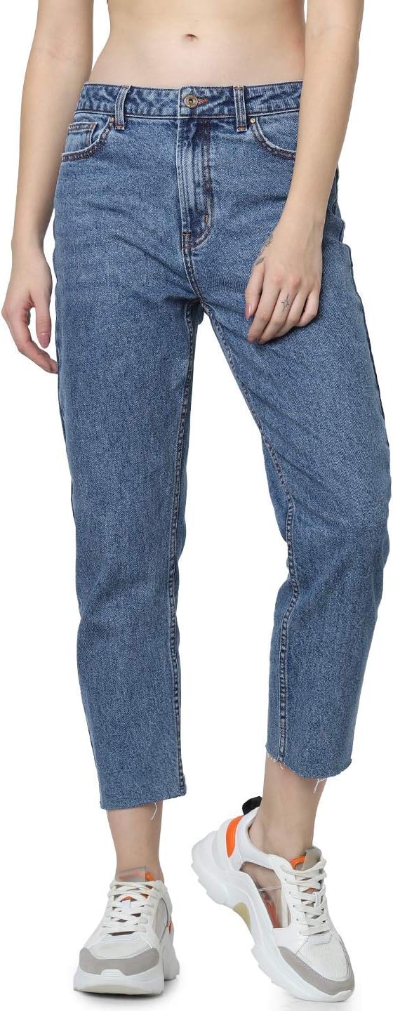 ONLY Damen Onlemily Hw Straight ANK Col PNT Hose 25W / 32L Dark Blue Denim, 25W / 32L Dark Blue Deni