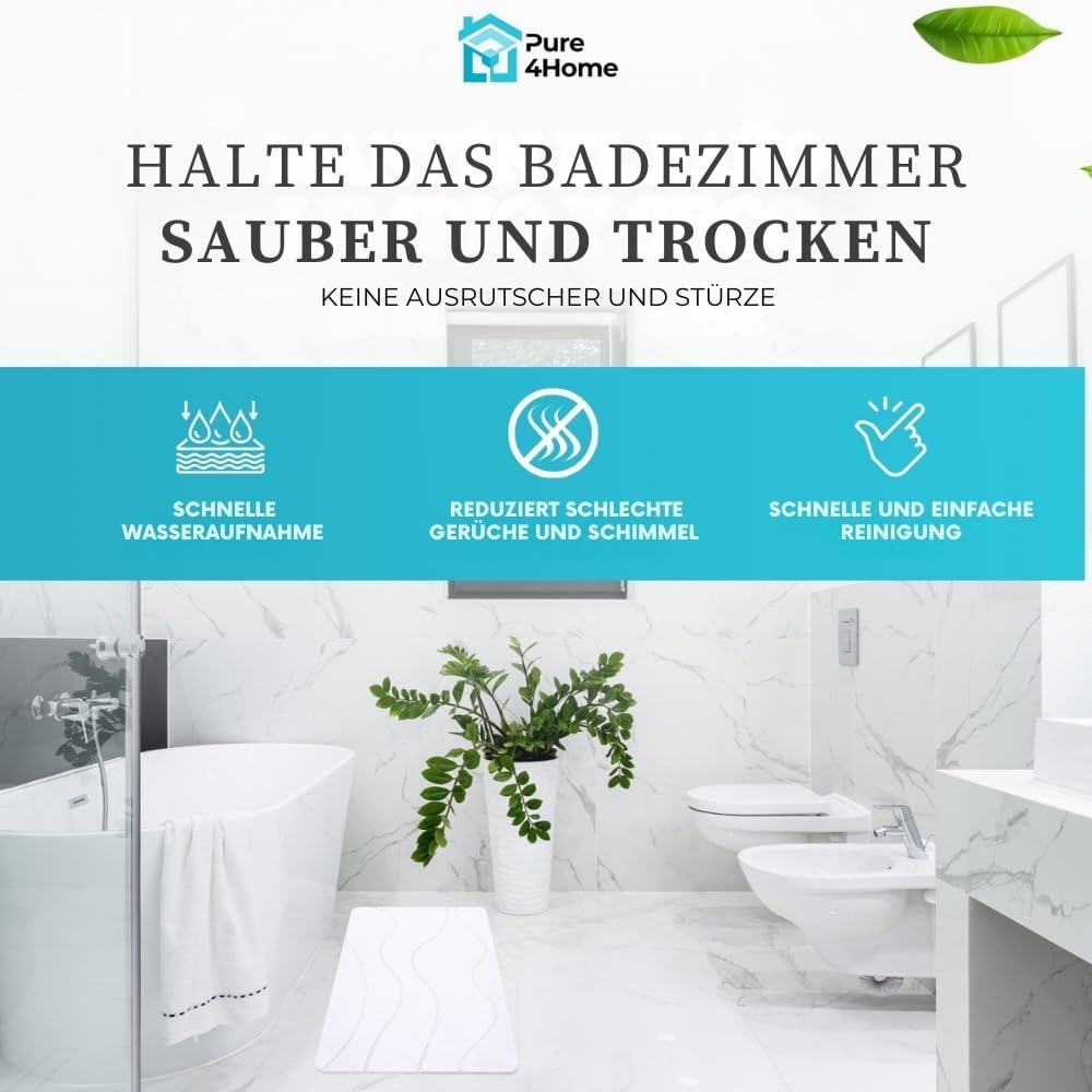 Pure 4Home Badematte Kieselgur 60 x 40 cm – Saugstark & Schnelltrocknend, rutschfest – Diatomit Stei