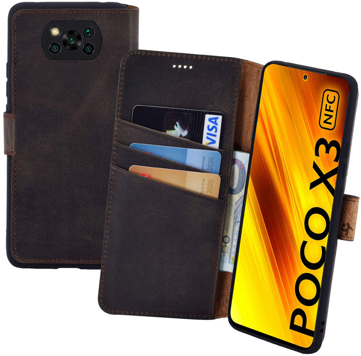 Suncase Book-Style Hülle kompatibel mit Xiaomi Poco X3 NFC Leder Tasche (Slim-Fit) Lederhülle Handyt