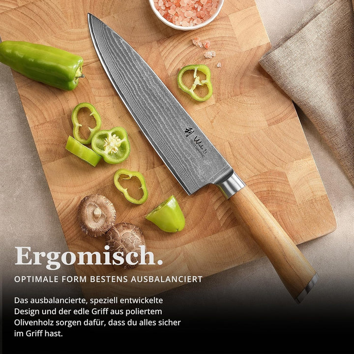Wakoli Oliven Damastmesser - sehr hochwertiges Profi Messer mit Olivenholz Griff mit Damast Klinge,
