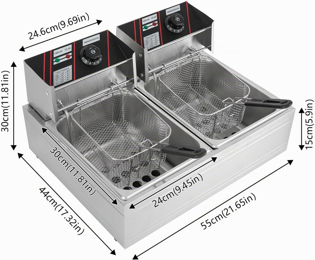 Friteuse Edelstahl 12L, 2.5KW+2.5KW Doppelfriteuse mit 4 Tubi Flessibili, Friteuse Öl mit Fettablauf