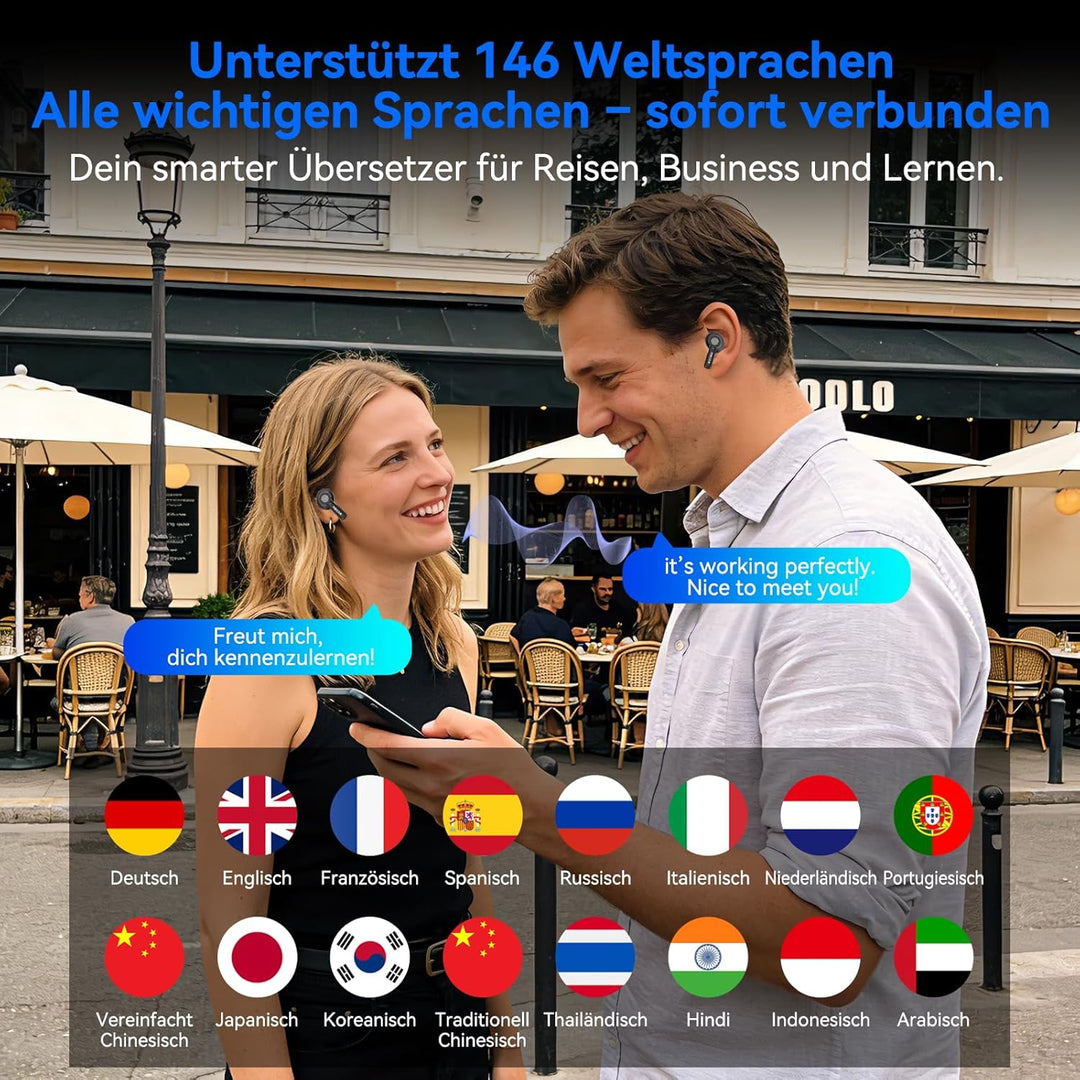 SKARA AI Sprachübersetzer Kopfhörer 3-in-1, Echtzeit Übersetzer Ohrhörer mit ENC Mikrofon & App, 146