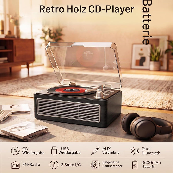 Gueray Tragbarer Bluetooth CD-Player mit Lautsprechern 3600mAh Wiederaufladbarer Vintage CD Spieler