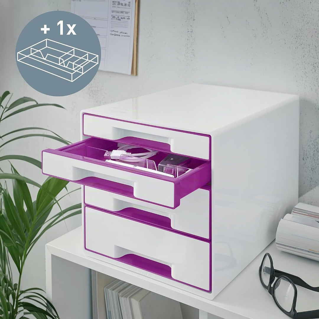 Leitz CUBE Schubladenbox mit 4 Schubladen, Weiss/Violett, A4, Inkl. transparentem Schubladeneinsatz,