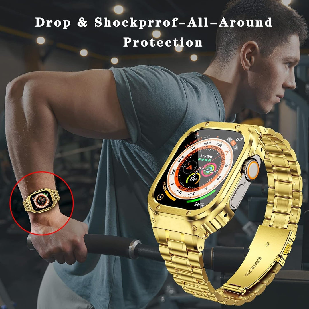 MioHHR Metallbänder mit Gehäuse kompatibel für Apple Watch Band 49 mm, stossfestes Edelstahlgehäuse