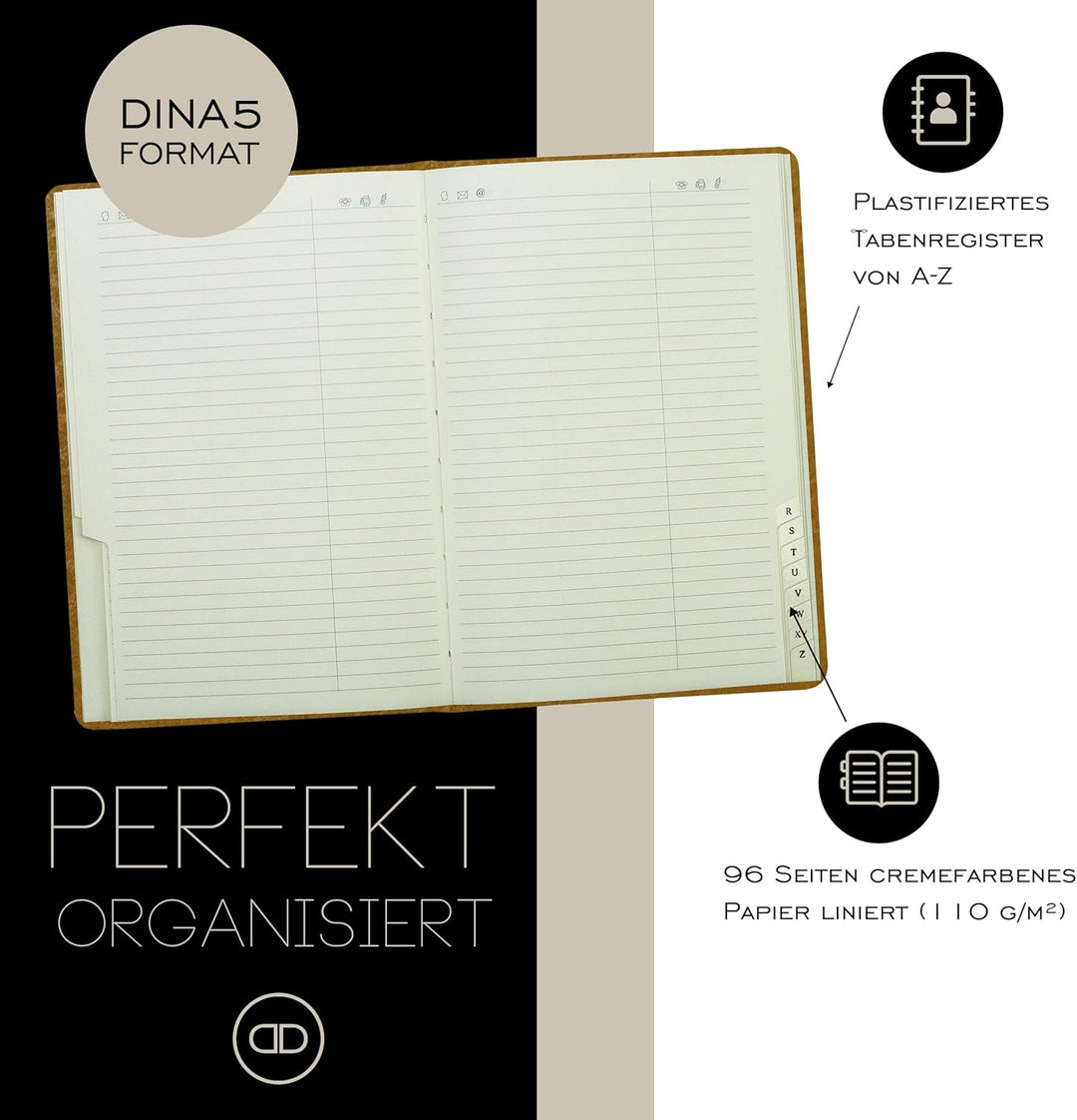 DELMON VARONE - Personalisierbares Adressbuch DIN A5 gebunden mit A-Z Register in Vintage Anilin Led