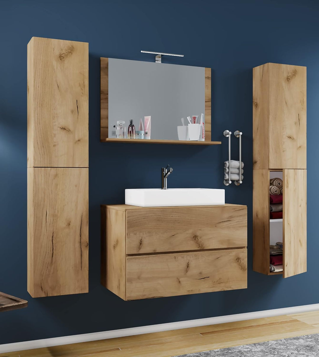 VCM 5-TLG. Waschplatz Waschtisch Badmöbel Set Waschbecken Lendas XL Schublade 80, Honig-Eiche, Honig