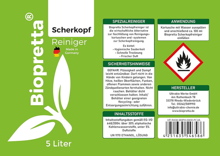 Biopretta Scherkopfreiniger 5000ml Nachfüllflüssigkeit für Reinigungskartuschen 5 l (1er Pack), 5 l