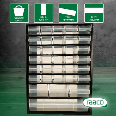 RAACO Kleinteilemagazin C9-34, 26 kg Last, 15 x 30,6 x 42 cm, 34 Schubladen, beschichteter Stahl, ge