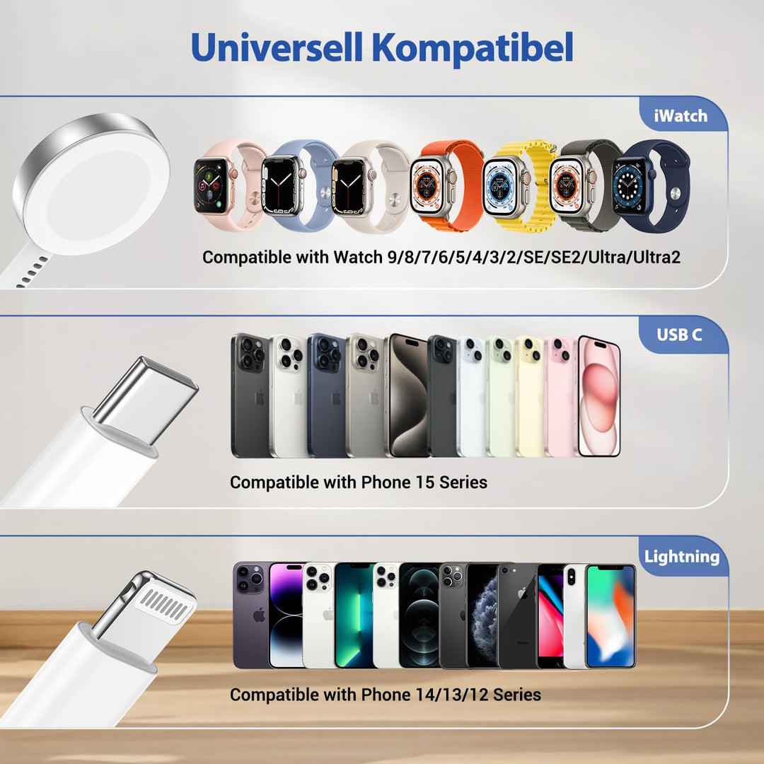 Apple Watch Ladekabel Original USB C für iWatch und iPhone, 3 in 1 Kabel 2M mit Ladegerät iPhone Sch