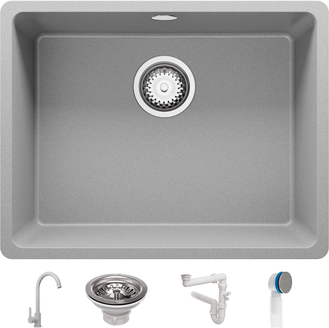 Unterbauspüle Granit Grau 56x44cm, Spülbecken 1 Becken + Ablauf-Set + Küchenarmatur, Granitspüle ab