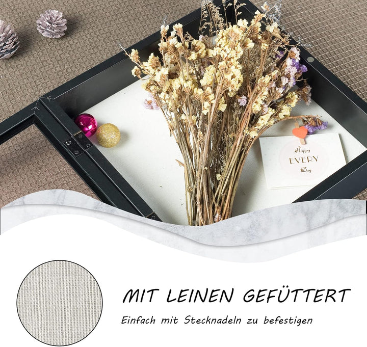 Muzilife Holz 3D Bilderrahmen zum Befüllen mit Öffnung 28x28cm Objektrahmen mit Stecknadeln und Dübe