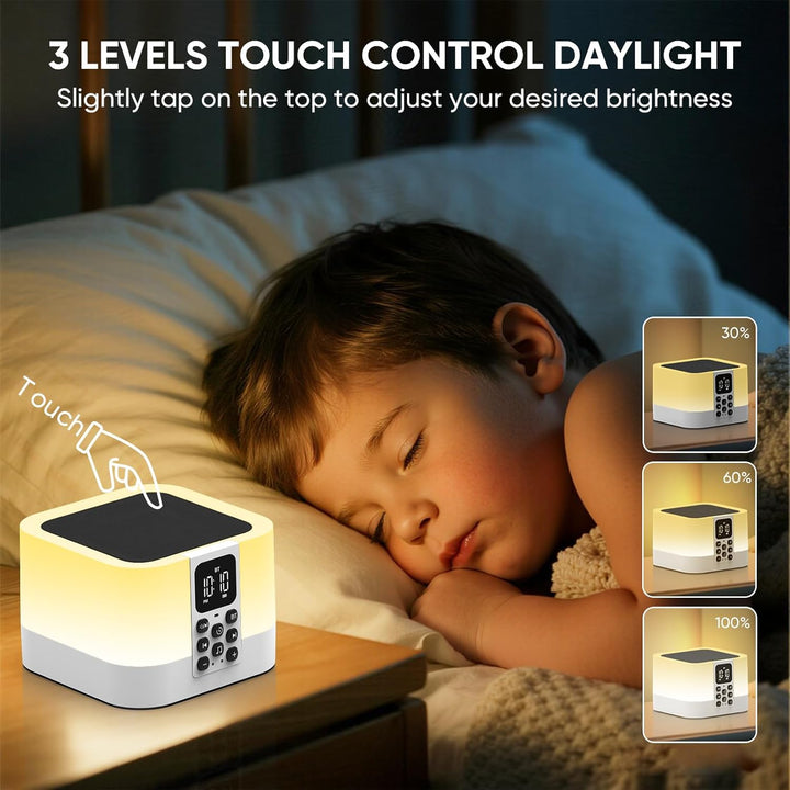 Bluetooth Lautsprecher mit Nachttischlampe Touch Dimmbar, Wecker Digital, White Noise Machine Baby &