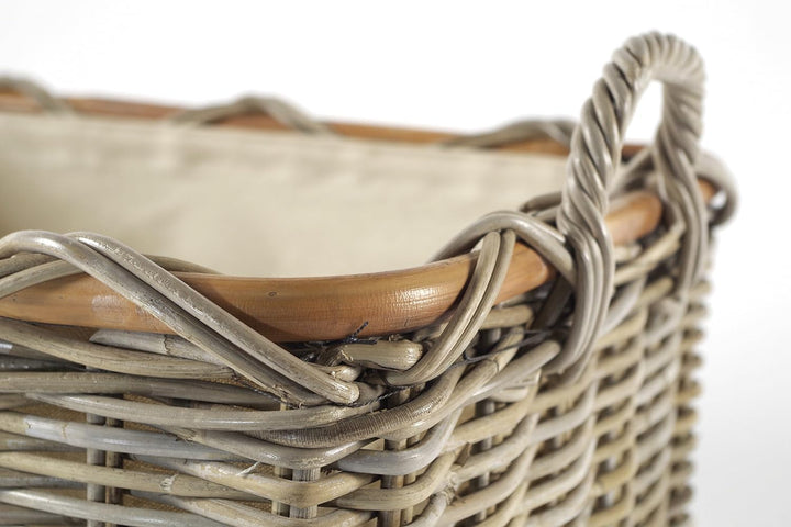 Kobolo Holzkorb für Kaminholz rechteckig Kubu grey aus Rattan mit Griffen und Leinen Kubu Grau Stoff