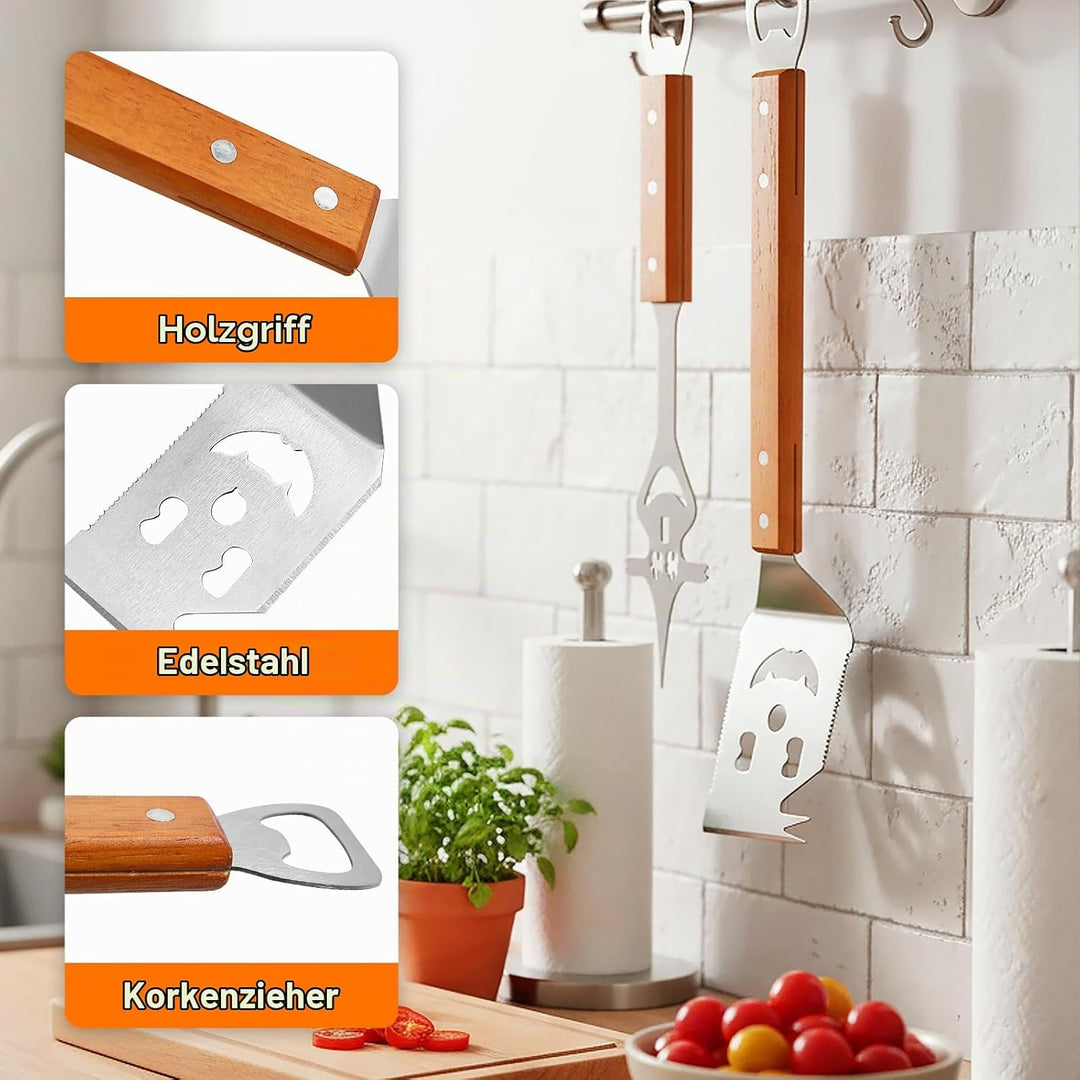 7 in 1 Multifunktion Grillbesteck Set, 2 Stück Edelstahl Grillspachtel für Barbecue Grill mit Holzgr