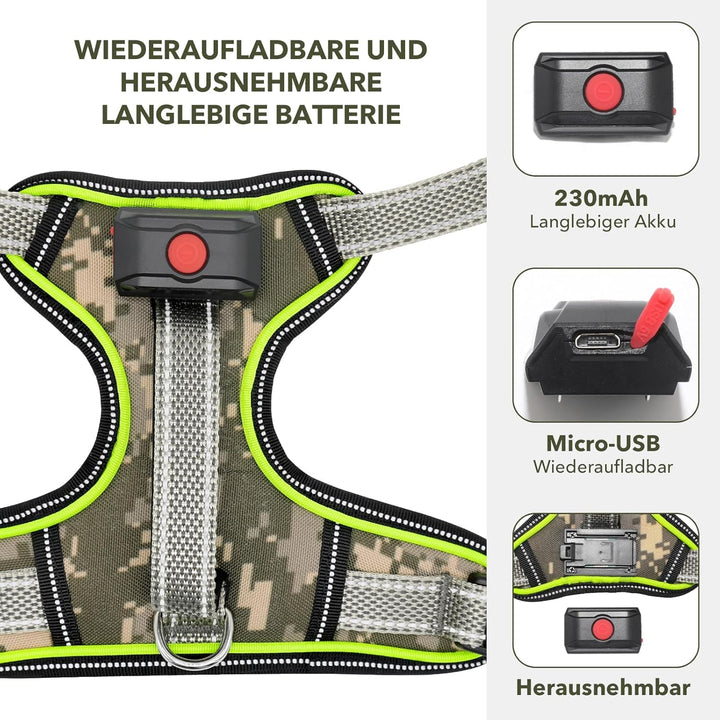 Leuchtendes Hundegeschirr Ausbruchsicher, Reflektierende, Verstellbare, No-Pull Leuchtgeschirr für H