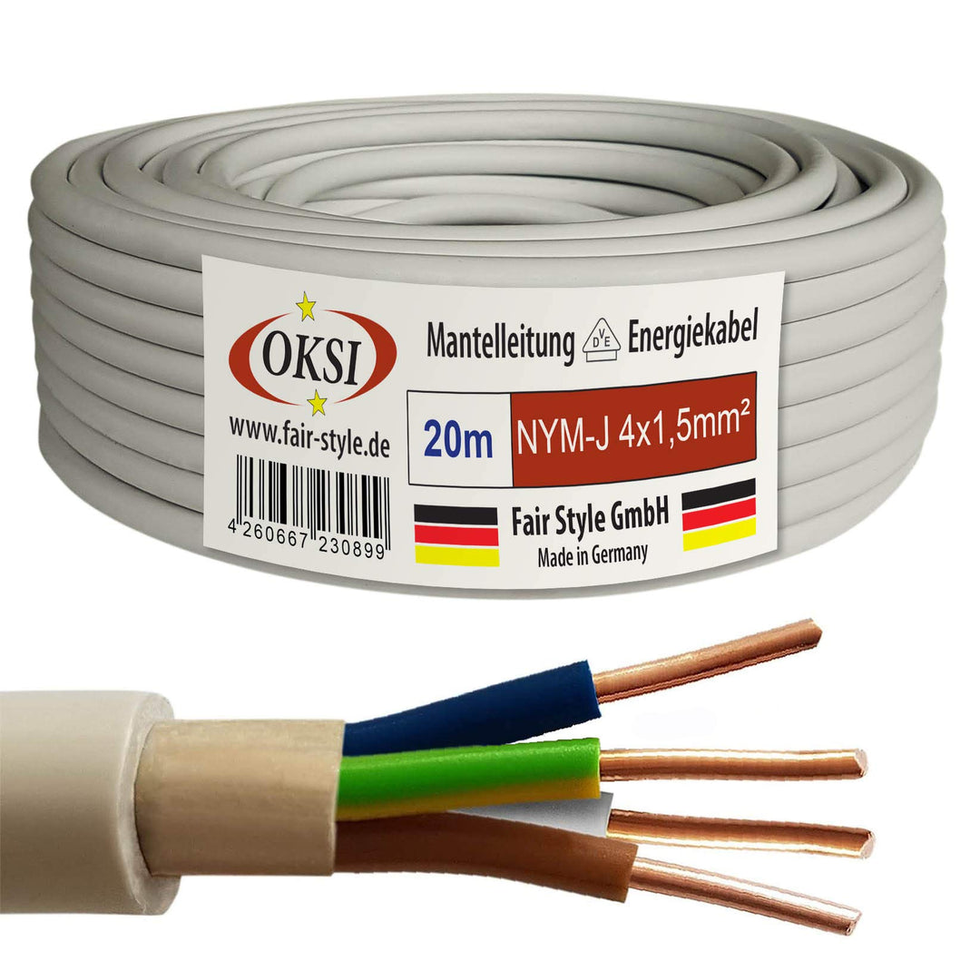 OKSI® OKSI 20m NYM-J 4x1,5 mm² Mantelleitung Feuchtraumkabel Elektrokabel Kupfer Made in Germany 107