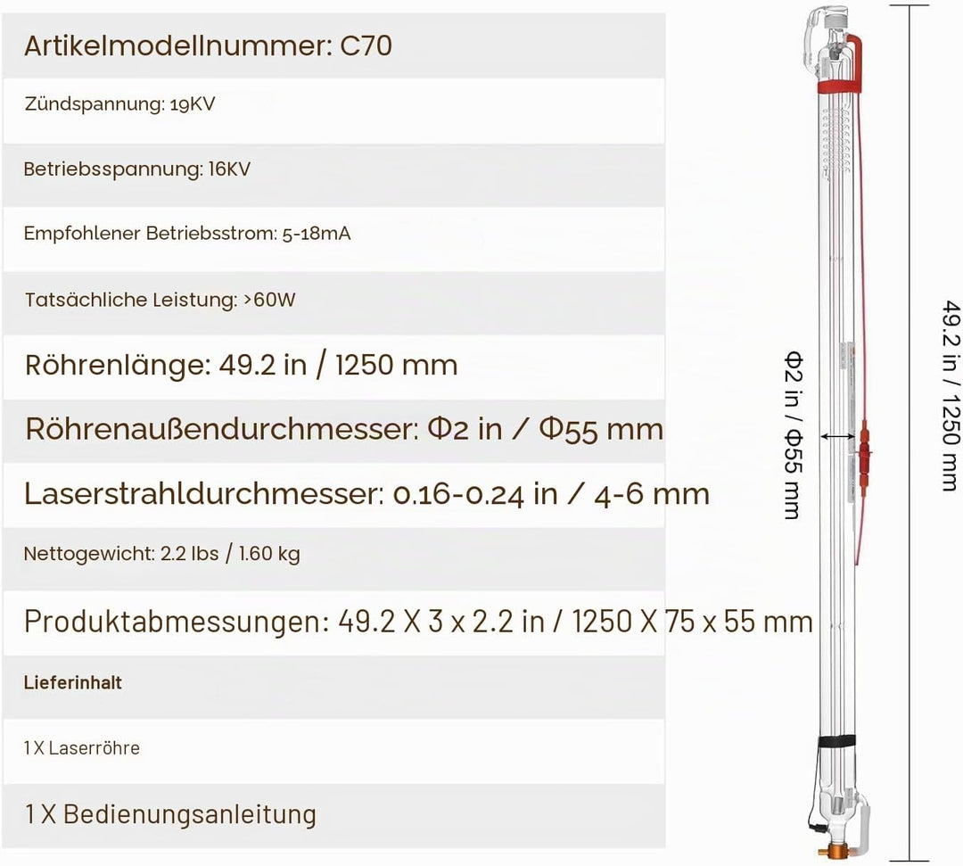CO2 Glas Laserröhre 80W Länge von 1250 mm Diam. 50 mm Laser Tube für Laser Gravier- und Schneiden Ma