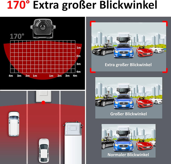 VSG24 23141 – Mini Rückfahrkamera, Kleine Kamera inkl. Verlängerungskabel, Distanzlinien-Anzeige, Fl