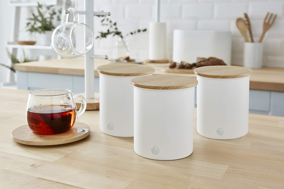 Swan Nordic 3er-Set Küchenvorratsdosen aus Robustem Karbonstahl, Bambusdeckel, Einheitsgrösse, für T