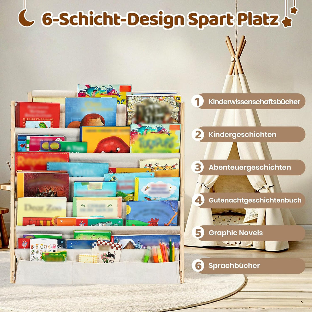 COSYLAND Bücherregal Kinder mit 6 Oxford-Stoff Fächern - Kinderbücherregal aus Naturholz - Bücherreg