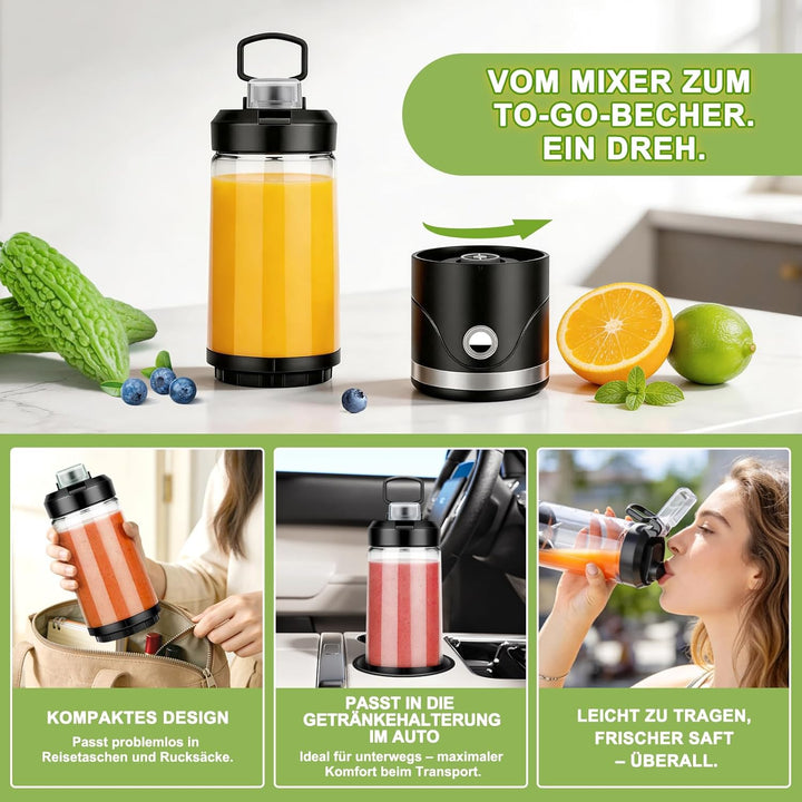 Tragbarer Mixer und Smoothie Maker to go, 650ml Abnehmbarer Behälter, 4000mAh Kabellos & Wiederaufla