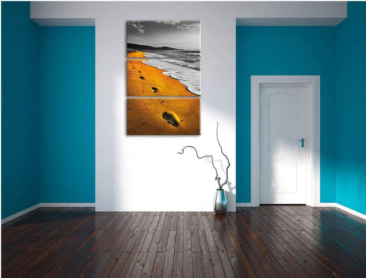 Spuren Im Sand am weiten Meer schwarz/weiss 3-Teiler Leinwandbild 120x80 Bild auf Leinwand, XXL ries