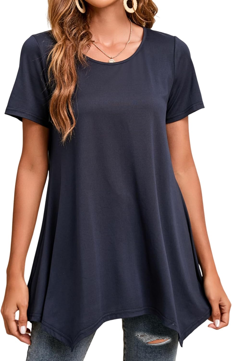 Enmain Damen Tunika Shirt Langarm/Kurzarm Bluse Tunika Blumen Longshirt Casual Elegante 3/4 Ärmel Ru