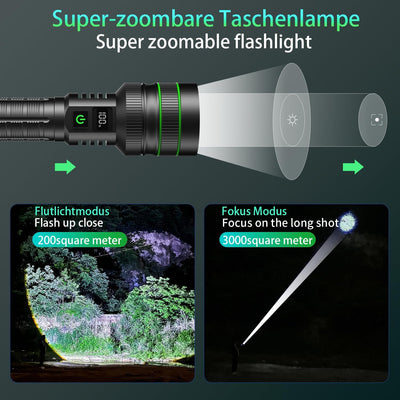 ASORT Taschenlampe LED Aufladbar Extrem hell 200000 Lumen, supergrosse Blende zoombare，Batteriebetri