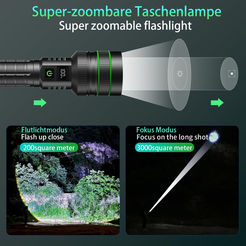 ASORT Taschenlampe LED Aufladbar Extrem hell 200000 Lumen, supergrosse Blende zoombare，Batteriebetri