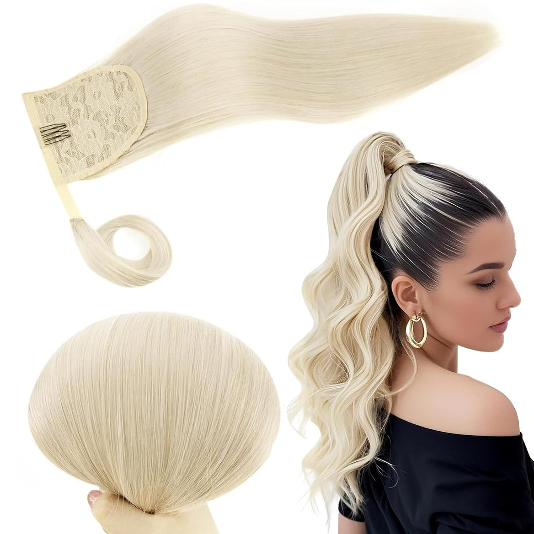 RUNATURE Remy Zopf Extension Echthaar Weiss Blond 55cm/22 Zoll Long Extensions Clip on Ponytail 80g/