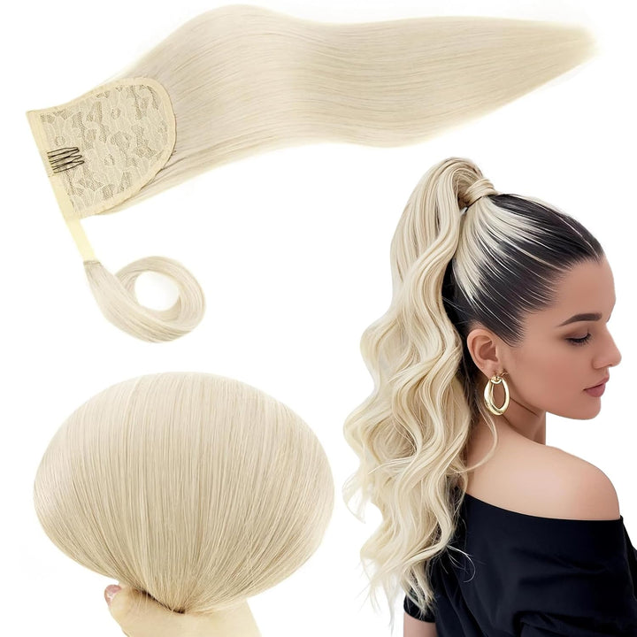 RUNATURE Remy Zopf Extension Echthaar Weiss Blond 55cm/22 Zoll Long Extensions Clip on Ponytail 80g/