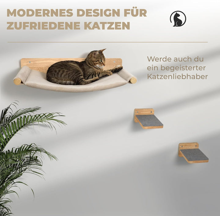 WOOWOOD® Kletterwand Katzen inkl. 2X Katzentreppe Wand [Massivholz] I Kratzbaum Wand I Hängematte Ka