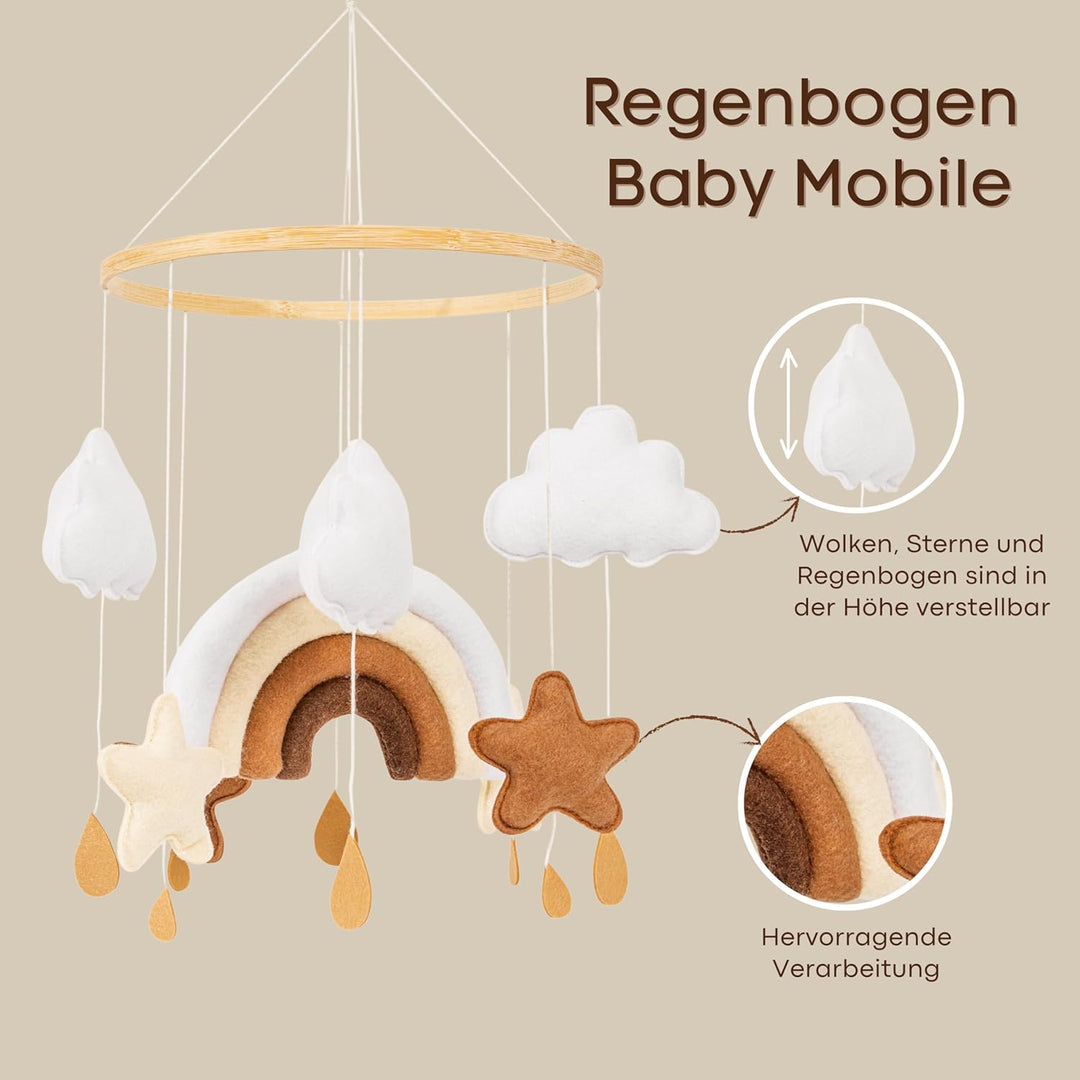 Mobile Baby Babybett Windspiel Filz | Regenbogen, Sterne & Wolken | hängende Dekoration Wickeltisch