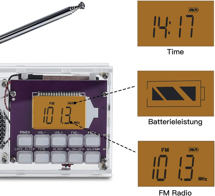 Digitaler Radiowecker Bausatz zum Zusammenbauen Funkradio Bausatz mit Uhrspeicherfunktion Radiodispl