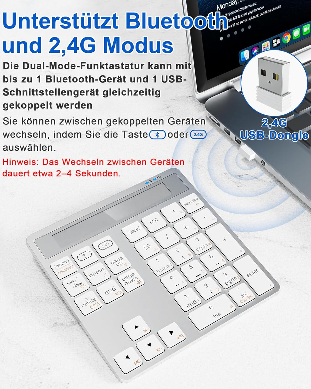 Numpad Bluetooth - Dual Mode Ziffernblock Kabellos Bluetooth & 2,4G mit Taschenrechner, 34 Tasten Ka