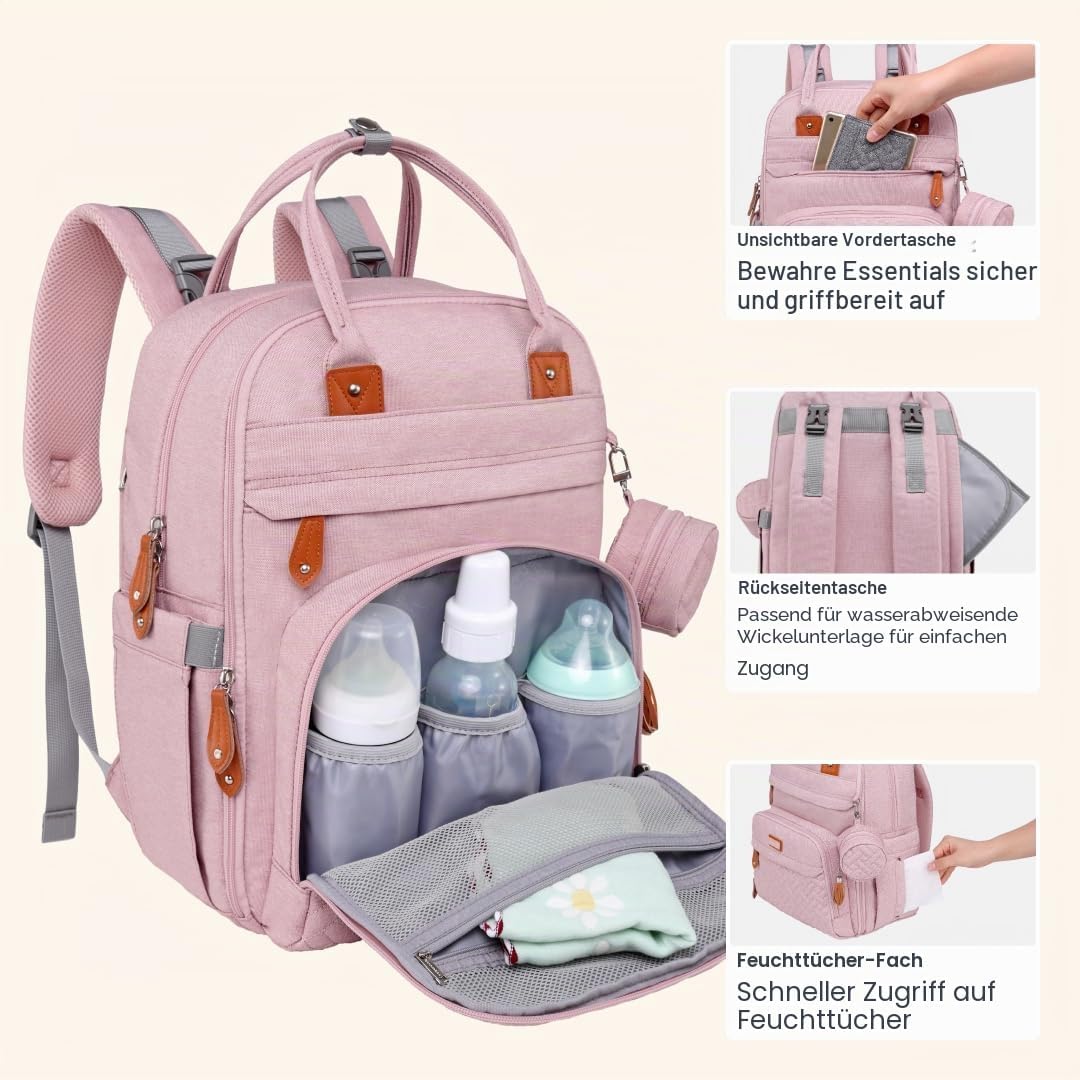 BabbleRoo Wickeltasche Rucksack – Grosse Kapazität, 17 Taschen, Wasserabweisend – mit Wickelauflage,