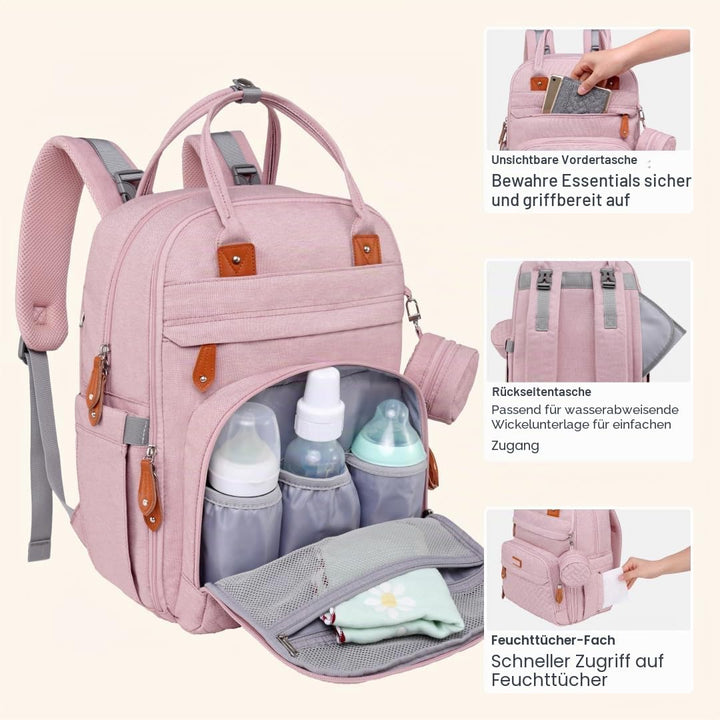 BabbleRoo Wickeltasche Rucksack – Grosse Kapazität, 17 Taschen, Wasserabweisend – mit Wickelauflage,