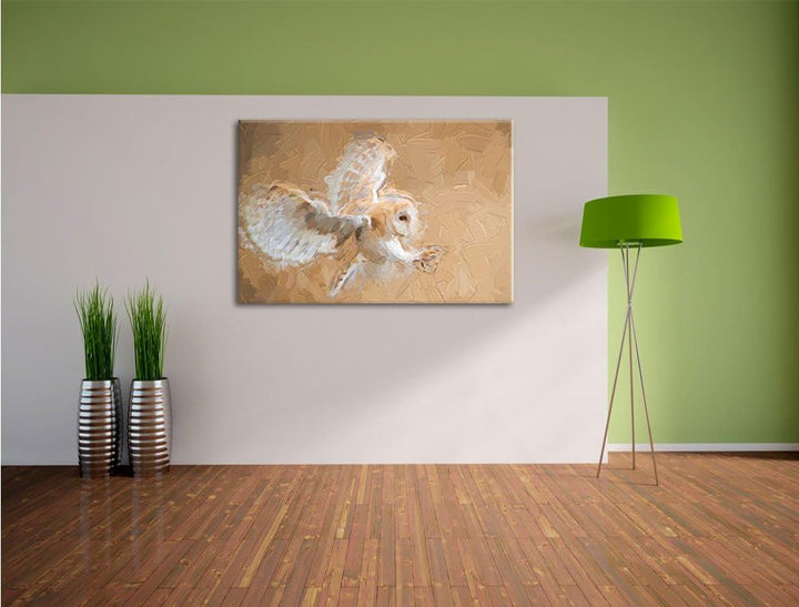Pixxprint Fliegende Weisse Eule bei der Jagd Kunst Pinsel Effekt, Format: 100x70 auf Leinwand, XXL r