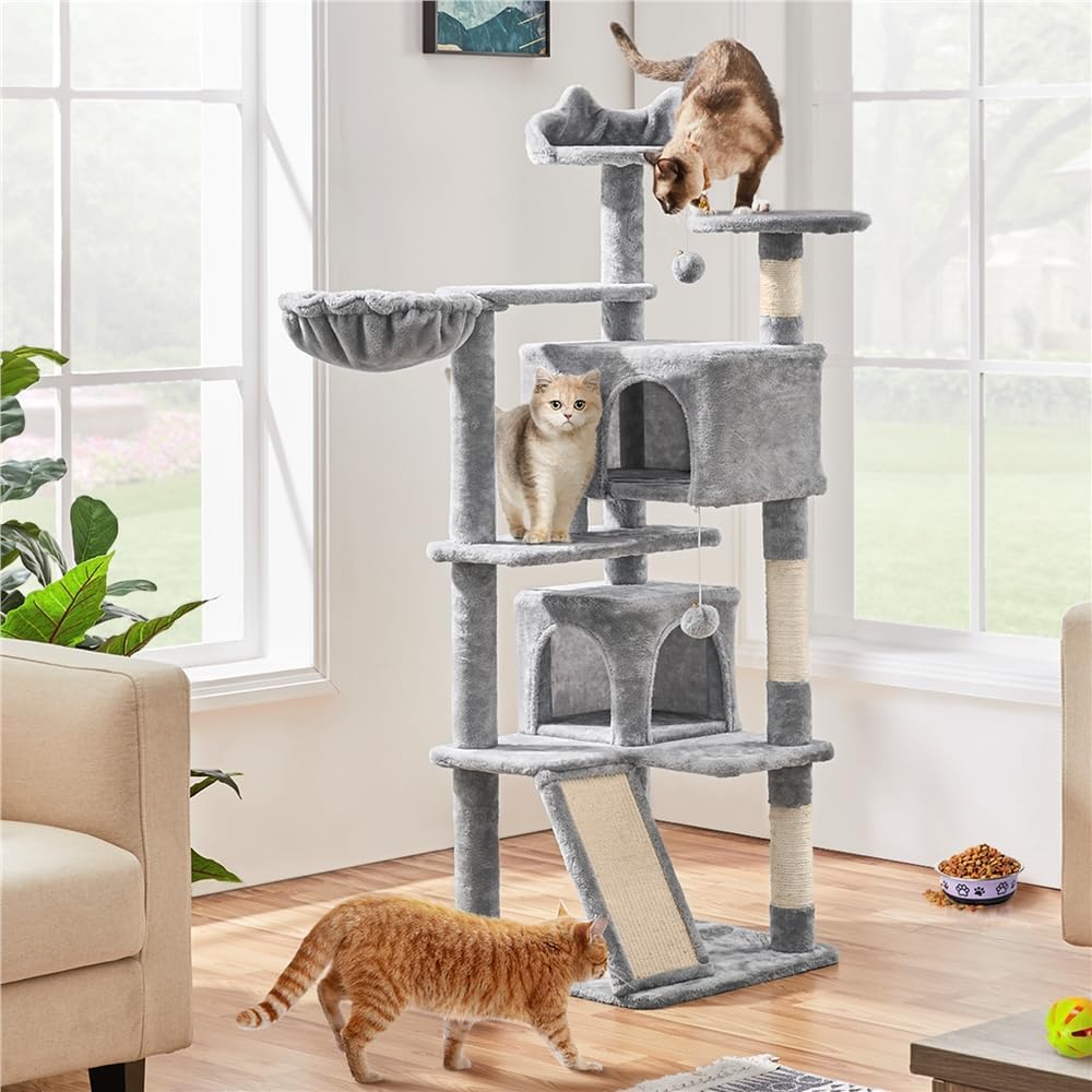Yaheetech 145 cm Kratzbaum gross Katzenbaum mit Kratzbrett &amp; Korb hellgrau | FSC-zertifizierte Spanp
