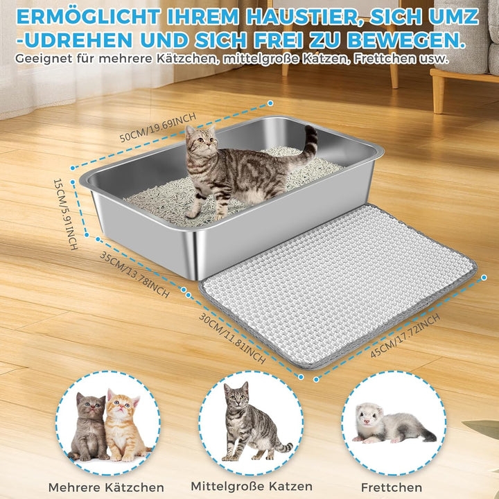 Lohofrnny Edelstahl Katzenklo, 50×35×15cm Grosse Katzentoilette aus Edelstahl, Katzenklo Geruchsfrei