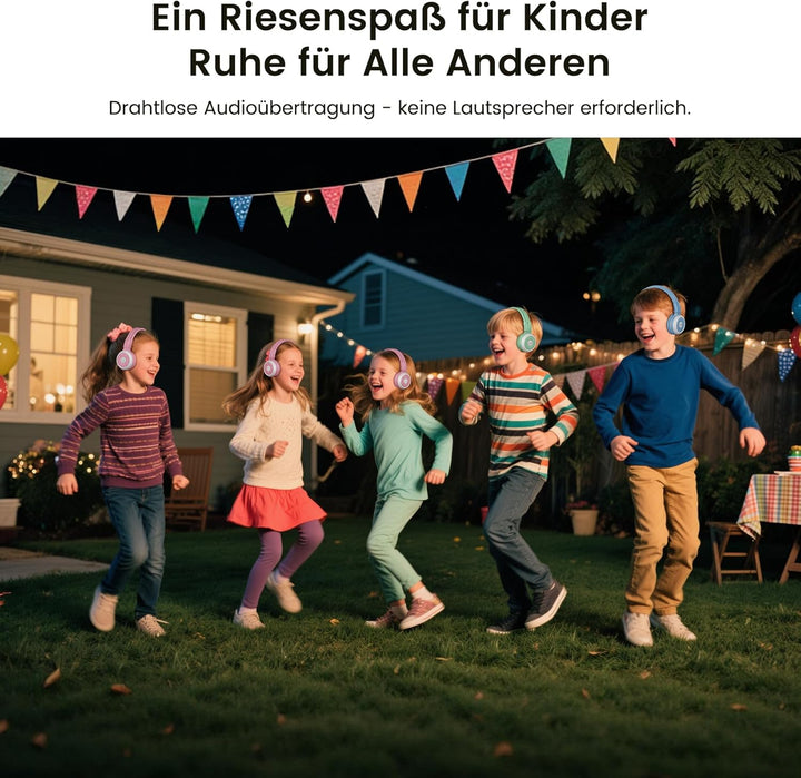 SIMOLIO 2-Pack KidyCast Kinder-Funkkopfhörer mit Mikrofon, Bluetooth AuraCast – Eine Quelle, Mehrere
