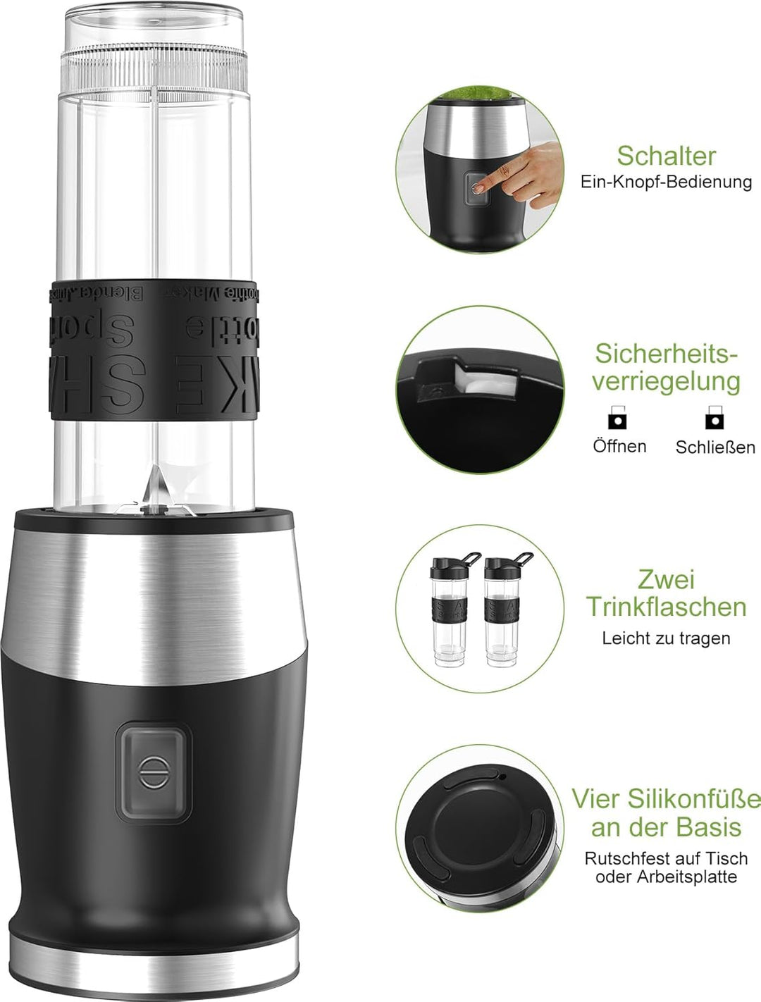 Mixer, 500W Smoothie Maker, Standmixer & Mixer Smoothie Maker mit 2x570ml Smoothie Flaschen BPA frei