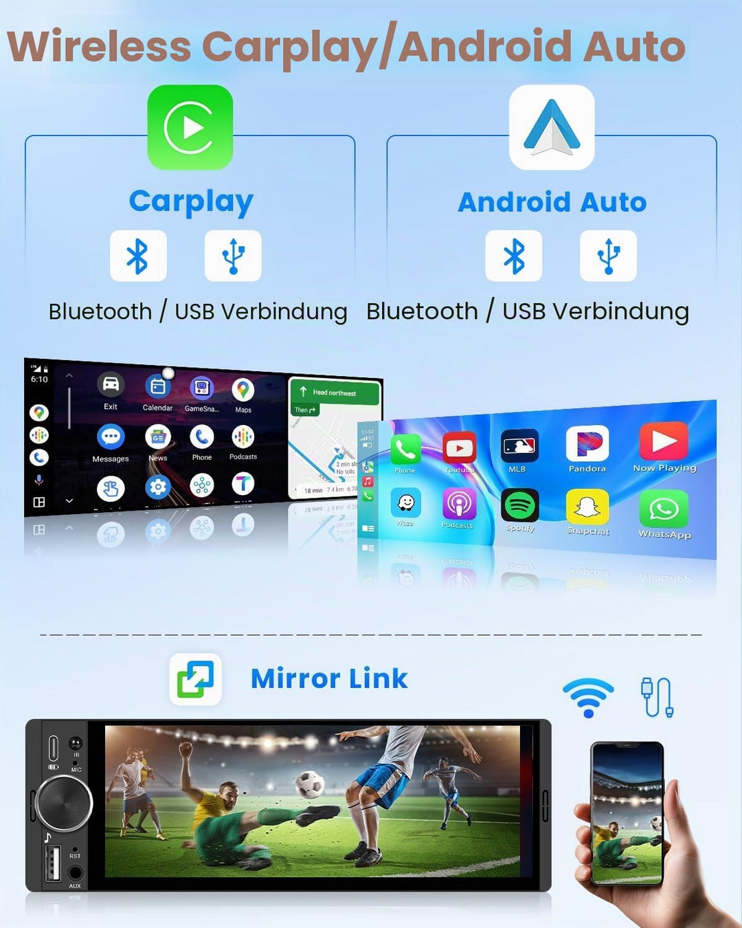 Hikity 1 DIN Autoradio mit Bluetooth CarPlay Android Auto, 6,28 Zoll Touchscreen-Player Stereo Auto